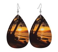 Seashore Trees Sunset Leather Earrings Dangle Drop Earring Lightweight Teardrop Earrings Vintage Bohemian Earring for Women Christmas Birthday Gift Fashion Jewelry