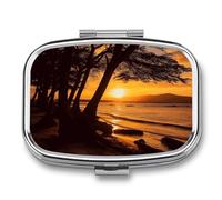 Seashore Trees Sunset Pill Box 2 Compartment Portable Pill Case Daily Square Pill Organizer for Pocket Purse Daily Medicine Container to Hold Vitamins Fish Oil Travel Gifts