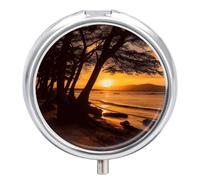 Seashore Trees Sunset Pill Case 3 Compartment Portable Pill Box Daily Round Pill Organizer for Pocket Purse Daily Medicine Container to Hold Vitamins Fish Oil Travel Gifts