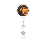 Seashore Trees Sunset Retractable Badge Reel Heavy Duty Badge Holder with Belt Clip Retractable Lanyards ID Card Holder with Keychain Name Badge Clips for Office Nurse Employee