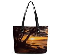Seashore Trees Sunset Tote Bag Large Soft Leather Purse with Zipper Lightweight Ladies Shoulder Handbag