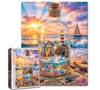 Seaside 1000 Piece Jigsaw Puzzle for Adults Beach Lighthouse in Glass Bottle Scene Puzzle Colorful Ocean Sunset Sailboat Artwork Relaxing Challenging Fun Puzzles 19.7 x 27.6 Inches Gift Home Decor