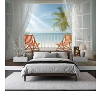 Seaside Balcony Mural Wallpaper, Non-Woven Wall Mural Decoration 250 x 175 cm, Mediterranean Paper Poster for Bedroom Playroom Teen Hallway Home Decoration Wallpaper