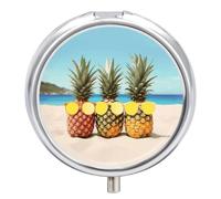 Seaside Beach Yellow Geometric Pineapple Pill Box Round Portable Small Pill Case Waterproof Travel Pill Box Organizer for Pocket Purse and Daily Convenience