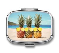 Seaside Beach Yellow Geometric Pineapple Pill Organizer Container for Travel, Metal 2 Compartment Square Pill Case, Portable Mini Medicine Box Pill Storage Case for Purse Pocket, Supplement Storage