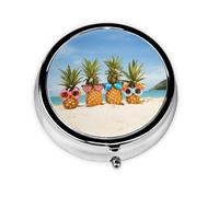 Seaside Beach Yellow Geometric Pineapple Print Mini Metal Pill Box 2.0x2.0x0.7 in Round Travel Medicine Pill Organizer Box for Purse Pocket
