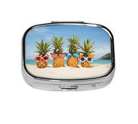 Seaside Beach Yellow Geometric Pineapple Print Pill Box 2 Compartment Medicine Pill Case,Portable for Pocket Or Purse Pill Box Decorative Metal Medicine Organizer