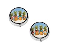 (Seaside Beach Yellow Geometric Pineapple) Round Pill Box with 3 Compartment Small Pill Organizer Portable Pill Case Vitamin Containers, Travel Essentials 4.6x4.6x1.8 cm