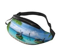 Seaside Boat Coconut Leaves Fanny Pack Waist Bag for Men Women Bum Bag with Headphone Jack and Adjustable Belt for Biking Running Jogging Traveling Outdoors Workout Cycling Fitness Hiking