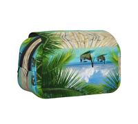 Seaside Boat Coconut Leaves Flip-Top Double-Layer Pencil Case,Large Capacity (Holds 50 Pens/Pencis),Full-Print Durable Polyester School Office Supplies