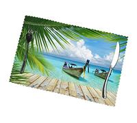 Seaside Boat Coconut Leaves Placemats Set Of 6.Heat-Resistant,Washable And Reusable. Table Mat For Indoor And Outdoor Use.30x45cm.