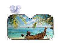 Seaside Boat Coconut Leaves Print Car Windshield Sun Shade, Foldable Foil Sun Shade Car Windshield Cover All Weather Universal Fit Auto Car Trunk SUV, 130x70 CM