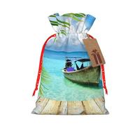 Seaside Boat Coconut Leaves Print Drawstring Bags Burlap Gifts Bag With Drawstring Gift Bags For Wedding/Party/Festival/Storage