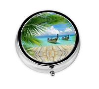 Seaside Boat Coconut Leaves Print Personalised Portable Pillbox with,Mini Pillbox Compact and Convenient Pill Organiser for Storing and Organising Pills