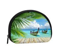 Seaside Boat Coconut Leaves Print Portable Mini Storage Bag Shell Shaped Wallet Small Coin Wallet Shell Storage Bag