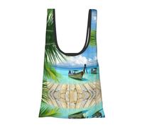 Seaside Boat Coconut Leaves Print Reusable, Foldable,Washable Grocery Bags Foldable in A Pouch Eco Tote Shopping Bag,Daily Shopping Loading