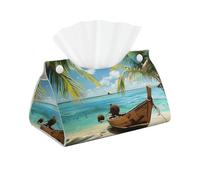 Seaside Boat Coconut Leaves Print Tissue Box Cover Foldable Tissue Storage Box Leather Tissue Cube Box Holder for Living Room Bedroom Office Car Home Decor