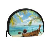Seaside Boat Coconut Leaves Printed Coin Purse Pouch-Shell Pouch Wallet,Mini Storage Bag,Cosmetic Bagholder for Woman Girls