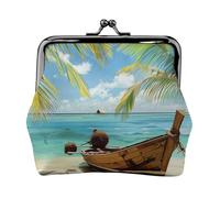 Seaside Boat Coconut Leaves Printed Kiss-lock Coin Purse Wallet - Leather Mini Change Pouch Holder for Men Women