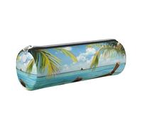 Seaside Boat Coconut Leaves Printed Leather Pencil Case Cute Stationery Organizer Round Makeup Bag Pen Pouch, Silver Zipper