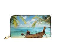 Seaside Boat Coconut Leaves Printed Leather Wallet for Men Women, Long Clutch Handbag with 12 Card Holder and 3 Money Clip
