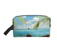 Seaside Boat Coconut Leaves Printed Makeup Bag for Women Travel Make Up Toiletry Organiser Large Capacity Cosmetic Bag with Handle