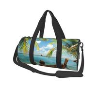Seaside Boat Coconut Leaves Printed Sports Gym Bag with Wet Pocket & Shoes Compartment, Travel Duffel Bag for Men Women