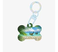 Seaside Boat Coconut Leaves Printing Acrylic Dog Bone Ornament,Pet Tags,Key Chain Dogs Tag for Holiday for Pet Lovers,Dogs Gift