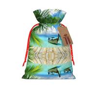 Seaside Boat Coconut Leaves Printing Cute Christmas Bag Drawstring Design 4.7x6.9 Inch For Christmas Party Birthday Gift Packaging