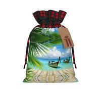 Seaside Boat Coconut Leaves Printing Cute Color Matching Plaid Christmas Bag Drawstring Design For Christmas Party Gift Packaging