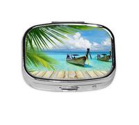 (Seaside Boat Coconut Leaves) Square Pill Box with 2 Compartment Small Pill Organizer Portable Pill Case Vitamin Containers, Travel Essentials 5.5x4x1.8 cm