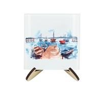 Seaside Boats Coaster Set - Square Glass Painted Sailing/Row Boats - Set of Four (4) Coasters & Wood-Effect Stand