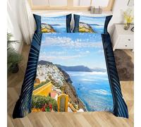 Seaside Buildings Double Duvet Cover Sets Seascape Bedding Double Bed Set 3D Print Ultra Soft Microfiber Quilt Cover 200 x 200 with Zipper Closure and 2 Pillowcases A-950