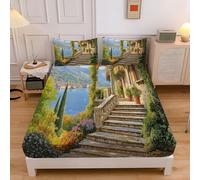 Seaside Buildings Print Microfiber King Ultra Soft Breathable Fitted Bed Sheet, 30cm Deep Pocket Microfiber Italy Plants Fitted Sheets for King Bed 150x200cm