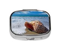 Seaside Conch Print Pill Box 2 Compartment Medicine Pill Case,Portable for Pocket Or Purse Pill Box Decorative Metal Medicine Organizer
