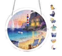 Seaside Cottage Sailboat Sunset 7.8x7.8Inch Round Acrylic Jigsaw Puzzle Suncatcher, Crystal Window Decor Wall Art Ornament, Home Decoration Gift
