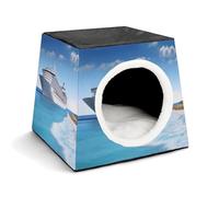 Seaside Cruise Ship Cat Bed for Indoor Cats - Foldable Cat & Dog House with Removable Cozy Cushion, Waterproof Oxford Washable Pet House for Small Pets 13.8" X 13.8" X 11.8"