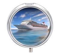 Seaside Cruise Ship Pill Box Cute Round Pill Case Portable Medicine Tablet Vitamin Holder Organizer for Purse Pocket