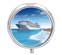 Seaside Cruise Ship Round Pill Box 3 Compartment Medicine Pill Organizer with Mirror Travel Small Pill Case Cute Vitamin Organizer Portable Daily Pill Container for Pocket Purse