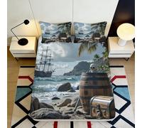 Seaside Decor 3D Printed Fitted Sheet Pirate Ship Ocean Theme Microfiber Soft Touch Home Bedroom Guest Room Bedding 160x200x25cm