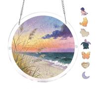 Seaside Dune Grass Ocean Clouds 7.8x7.8Inch Round Acrylic Jigsaw Puzzle Suncatcher, Crystal Window Decor Wall Art Ornament, Home Decoration Gift