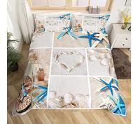Seaside Duvet Cover Set Double Size, Summer Beach Theme Comforter Cover with 2 Pillowcases, Starfish Scallop Conch Bedding Set 3pcs for Kids Boy Girls Bedroom Decor Ocean Theme Bedspread Cover