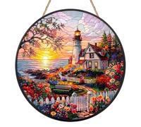 Seaside Garden Lighthouse Sun Catcher, Acrylic Stained Glass Suncatchers for Windows, Seaside Garden Lighthouse Window Hanging Decor, Coastal Garden Ornament for Home, Nautical Gift