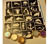 Seaside glitter tattoo set incl. 30 stencils + glitter + glue ocean crab sea surfing