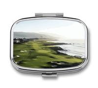 Seaside Golf Course Pill Box 2 Compartment - Small Metal Medicine Organizer Portable Pill Case for Purse Pocket Travel Vitamin Organizer for Men Women, BPA-Free