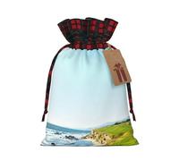 Seaside Golf Course Print Christmas Drawstring Linen Gift Bags Reusable Fabric Bags With Tags For Christmas Gifts