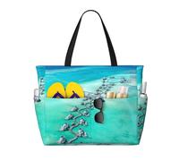 Seaside Hotel Print Large Waterproof Beach Tote Bag for Women with Zip and Pockets Foldable Handbag for Travel Pool Shopping Holiday Gym