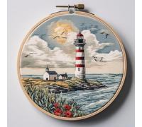 Seaside Lighthouse 11CT Counted Cross Stitch Stamped Preprinted Canvas Cross Stitch Embroidery Kits for Adults DIY Embroidery Needlework Kit Set with Hoop 35×35cm(s24)