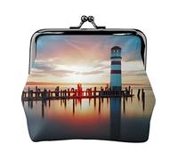 Seaside Lighthouse Print Small Coin Purse Kiss-Lock Leather Pouch Change Wallet Gifts for Men Women
