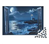 Seaside Lighthouse View 1000 Pieces Jigsaw Puzzle for Adults Thick Paper Brain Game Moon Window Landscape Puzzle Home Decor Gift 38x26cm/1000pcs